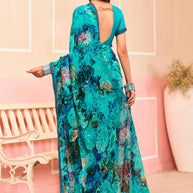 Laxmipati Honey Bunny Geometric Printed Georgette Saree in Turquoise Color with Unstitched Blouse