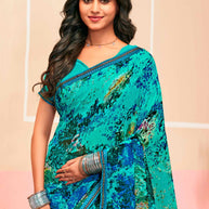 Laxmipati Honey Bunny Geometric Printed Georgette Saree in Turquoise Color with Unstitched Blouse
