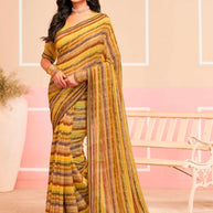 Laxmipati Honey Bunny Horizontal Pinstripes Printed Georgette Saree in Brown Color with Unstitched Blouse
