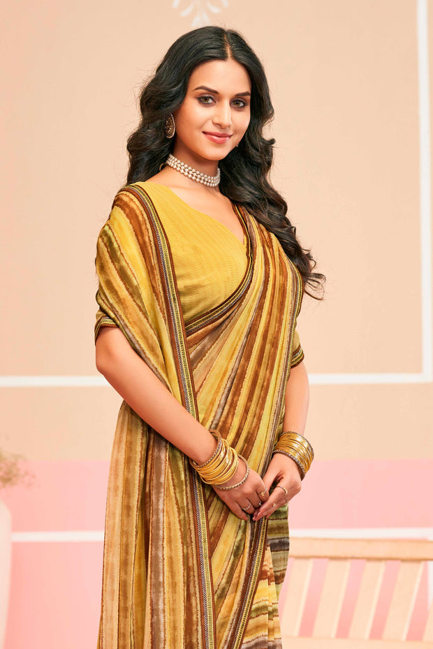 Laxmipati Honey Bunny Horizontal Pinstripes Printed Georgette Saree in Brown Color with Unstitched Blouse