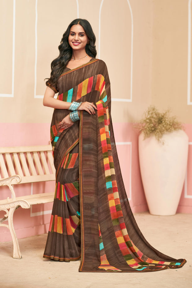 Laxmipati Honey Bunny Geometric Printed Saree in Brown Color with Unstitched Blouse