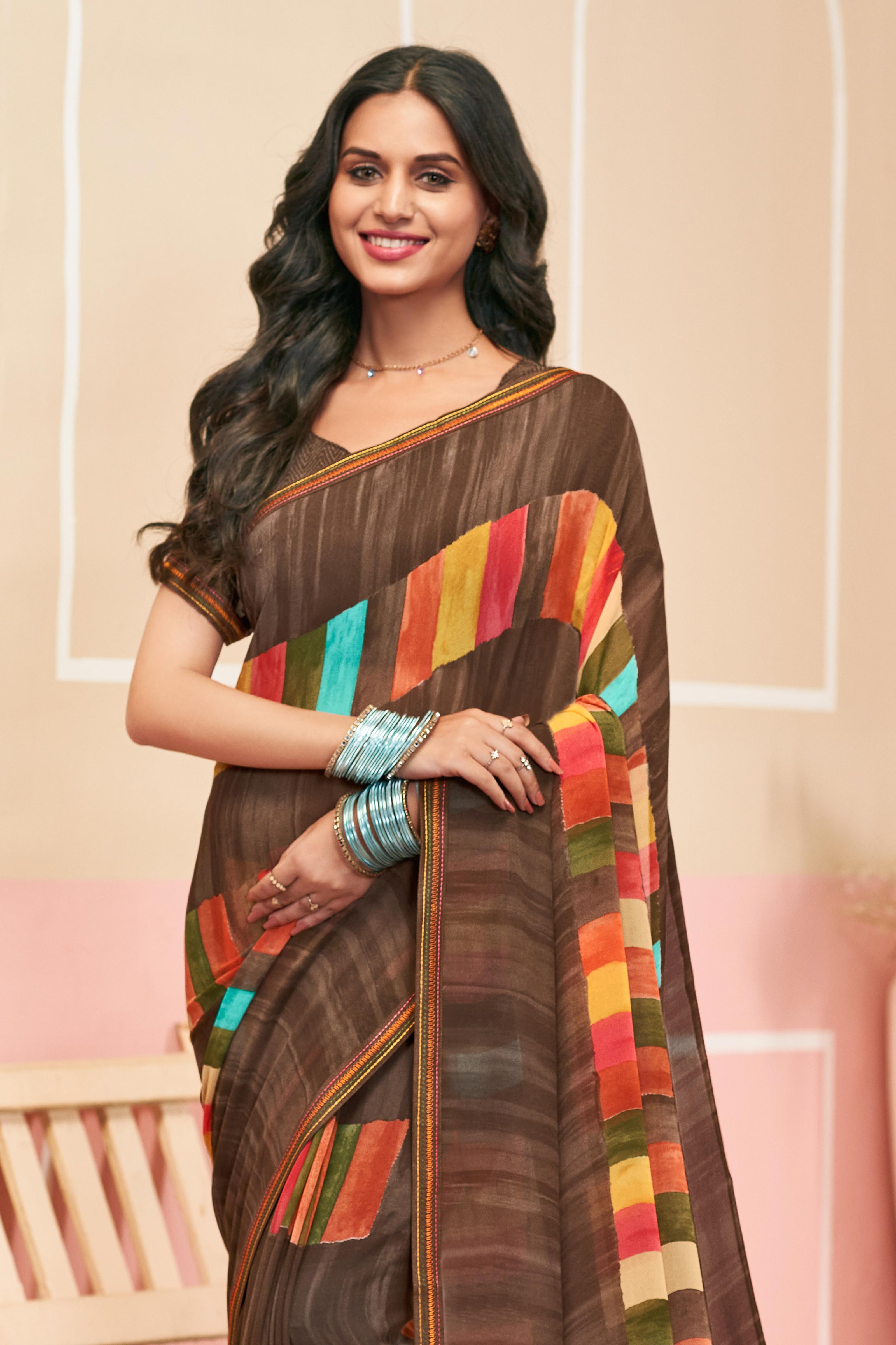Laxmipati Honey Bunny Geometric Printed Saree in Brown Color with Unstitched Blouse