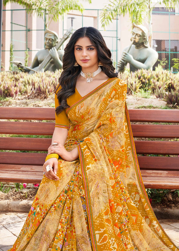 Laxmipati Noori-2 Abstract Printed Georgette Saree in Brown Color with Unstitched Blouse