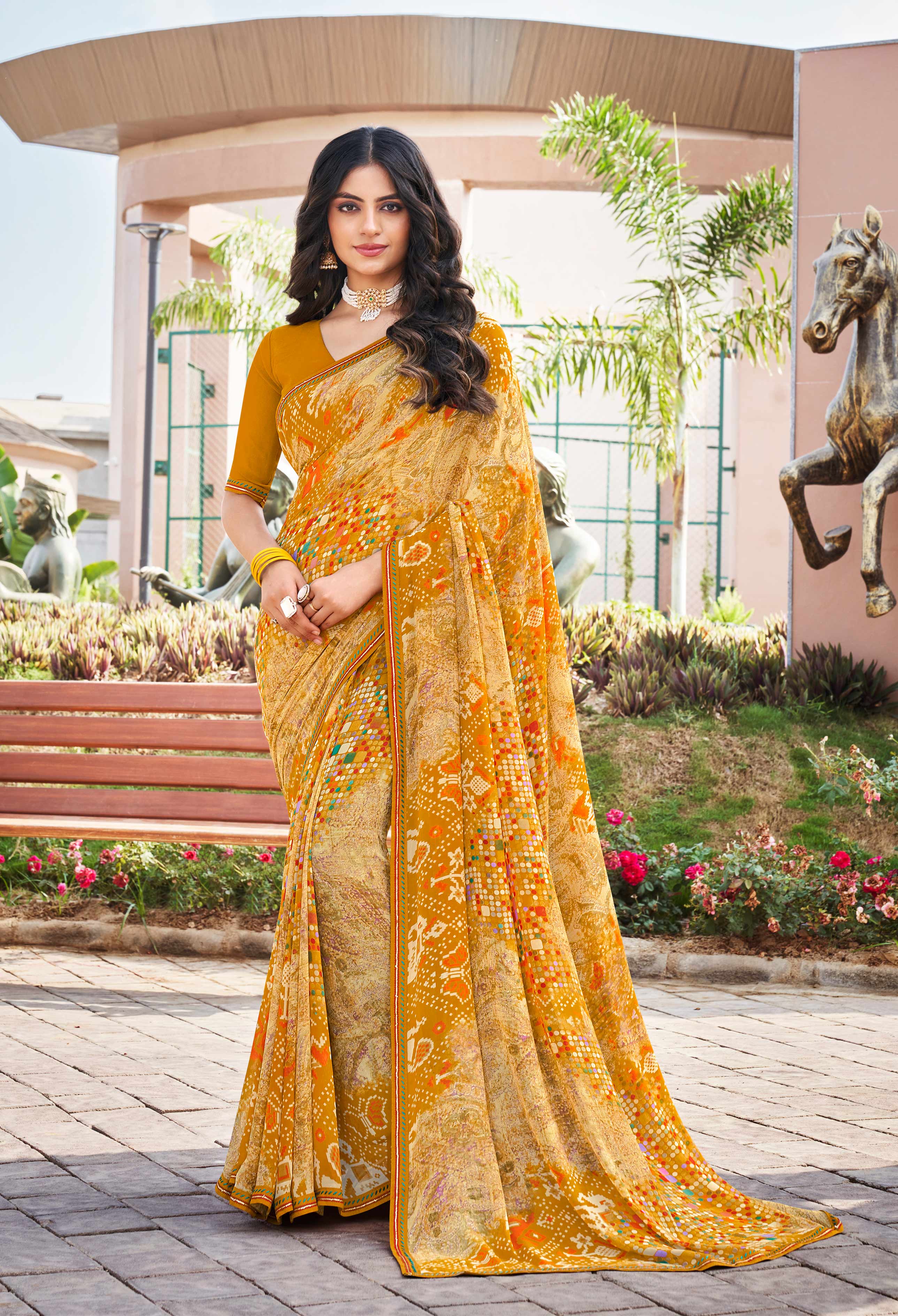 Laxmipati Noori-2 Abstract Printed Georgette Saree in Brown Color with Unstitched Blouse