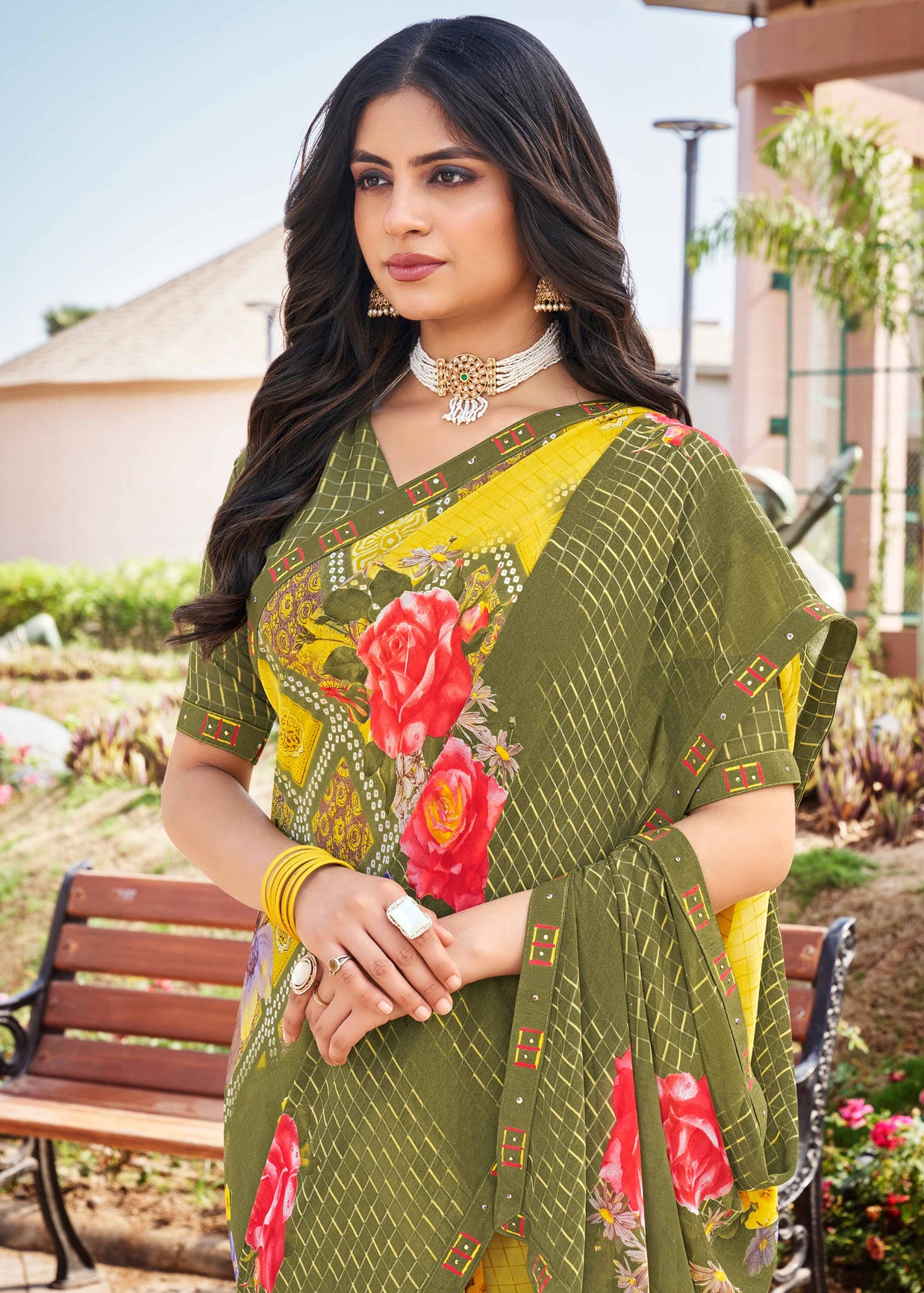 Laxmipati Noori-2 Checkered & Floral Printed Georgette Saree in Yellow Color with Unstitched Blouse