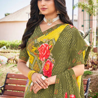 Laxmipati Noori-2 Checkered & Floral Printed Georgette Saree in Yellow Color with Unstitched Blouse