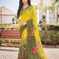 Laxmipati Noori-2 Checkered & Floral Printed Georgette Saree in Yellow Color with Unstitched Blouse