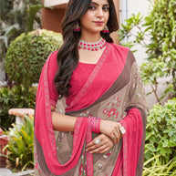 Laxmipati Noori-2 Checkered & Floral Printed Georgette Saree in Brown Color with Unstitched Blouse