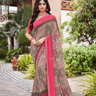 Laxmipati Noori-2 Checkered & Floral Printed Georgette Saree in Brown Color with Unstitched Blouse