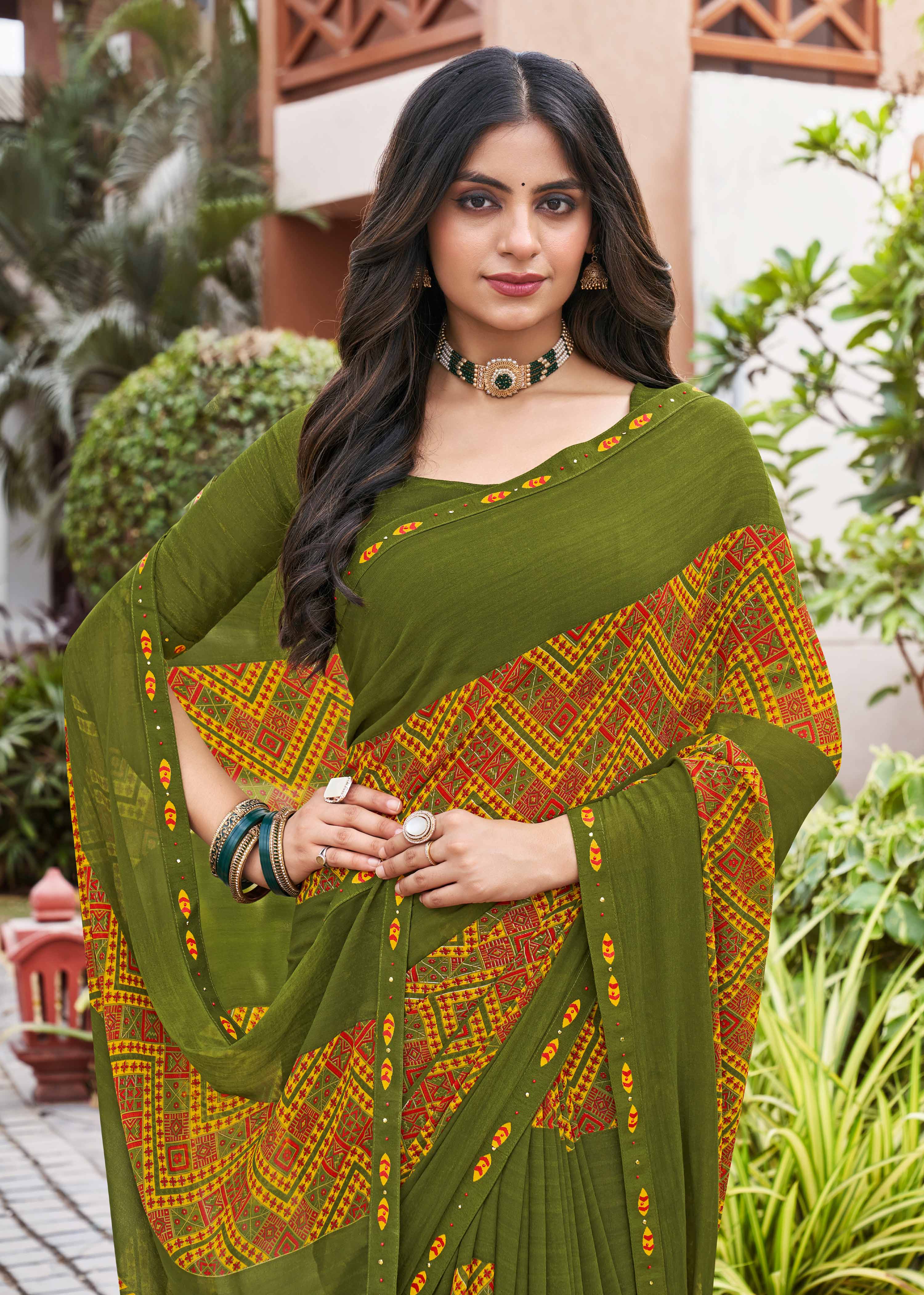 Laxmipati Noori-2 Floral Printed Georgette Saree in Olive Green Color with Unstitched Blouse