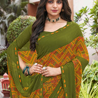 Laxmipati Noori-2 Floral Printed Georgette Saree in Olive Green Color with Unstitched Blouse