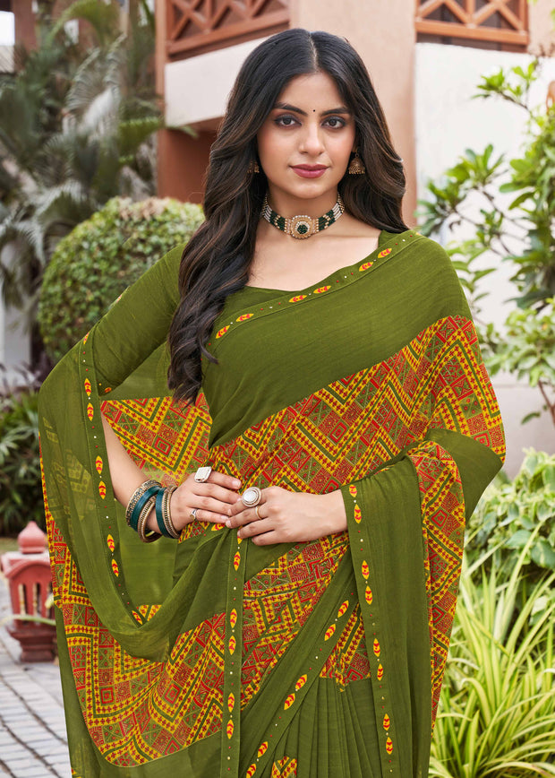 Laxmipati Noori-2 Floral Printed Georgette Saree in Olive Green Color with Unstitched Blouse
