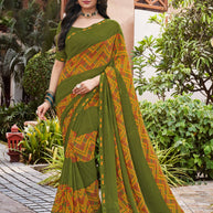 Laxmipati Noori-2 Floral Printed Georgette Saree in Olive Green Color with Unstitched Blouse