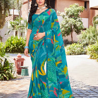 Laxmipati Noori-2 Abstract Printed Georgette Saree in Blue Color with Unstitched Blouse