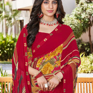 Laxmipati Noori-2 Floral Printed Georgette Saree in Red Color with Unstitched Blouse