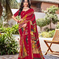 Laxmipati Noori-2 Floral Printed Georgette Saree in Red Color with Unstitched Blouse