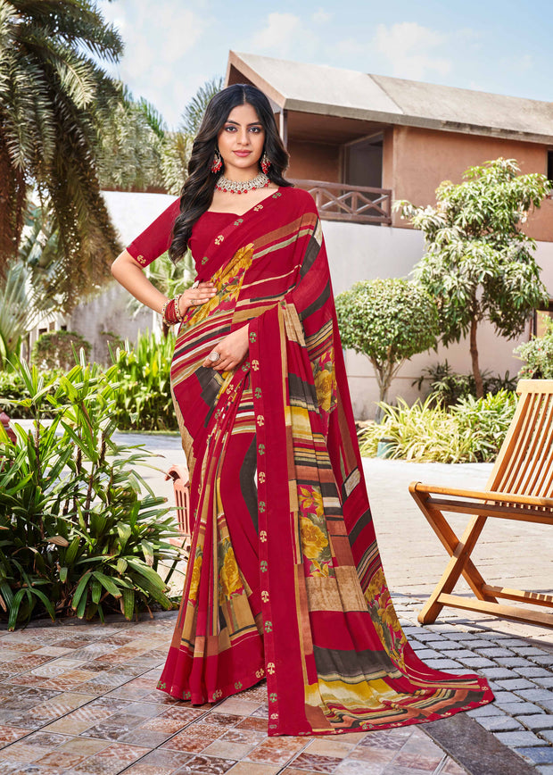 Laxmipati Noori-2 Floral Printed Georgette Saree in Red Color with Unstitched Blouse