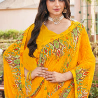 Laxmipati Noori-2 ikkat Printed Georgette Saree in Mustard Color with Unstitched Blouse