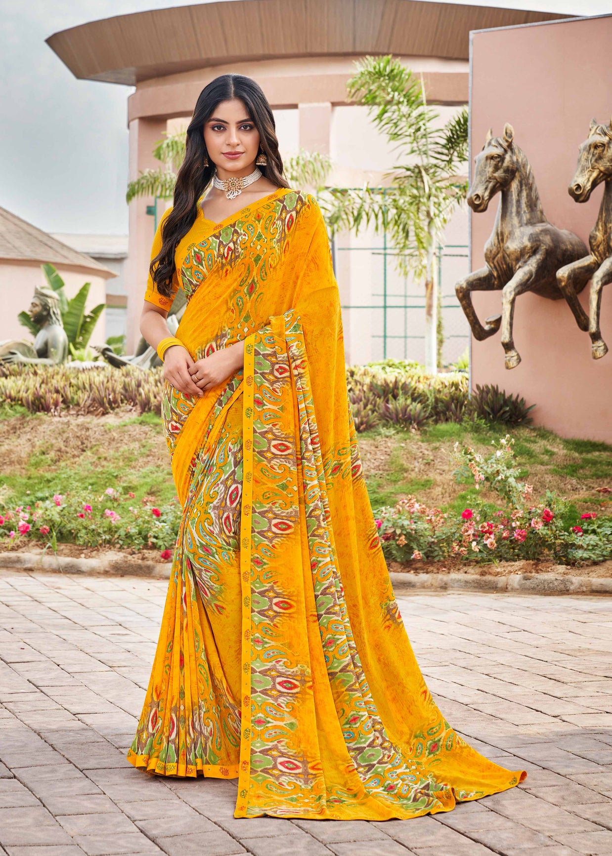 Laxmipati Noori-2 ikkat Printed Georgette Saree in Mustard Color with Unstitched Blouse