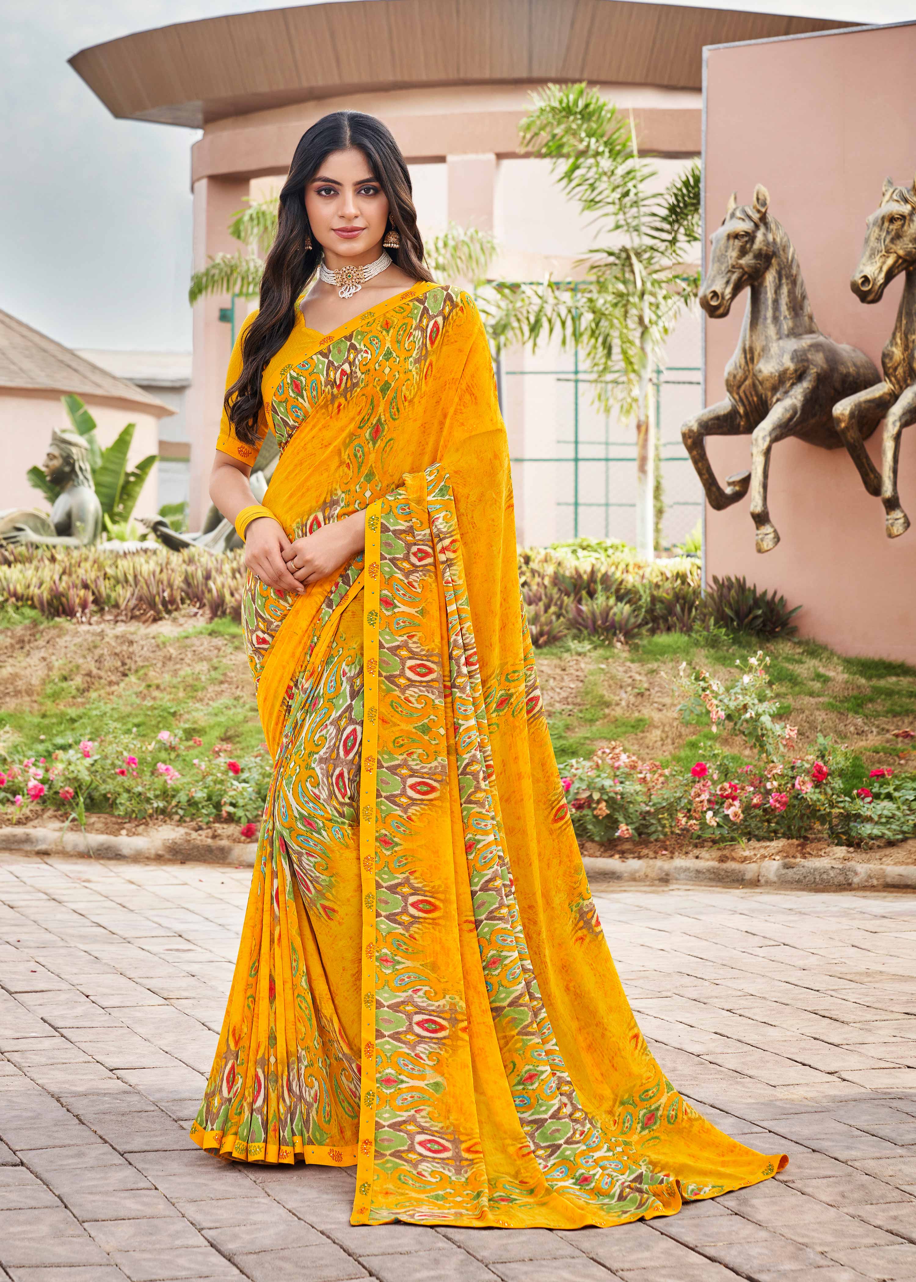 Laxmipati Noori-2 ikkat Printed Georgette Saree in Mustard Color with Unstitched Blouse