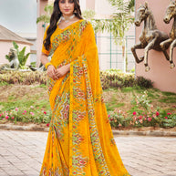 Laxmipati Noori-2 ikkat Printed Georgette Saree in Mustard Color with Unstitched Blouse