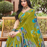 Laxmipati Noori-2 Floral Printed Georgette Saree in Lime Green Color with Unstitched Blouse