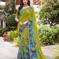 Laxmipati Noori-2 Floral Printed Georgette Saree in Lime Green Color with Unstitched Blouse