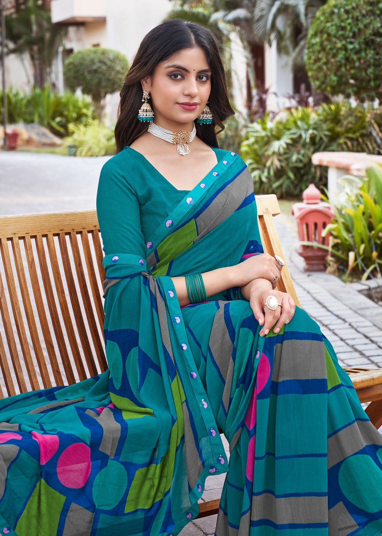 Laxmipati Noor-2 Geometric Printed Georgette Saree in Teal Blue Color with Unstitched Blouse