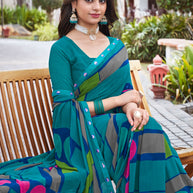 Laxmipati Noor-2 Geometric Printed Georgette Saree in Teal Blue Color with Unstitched Blouse