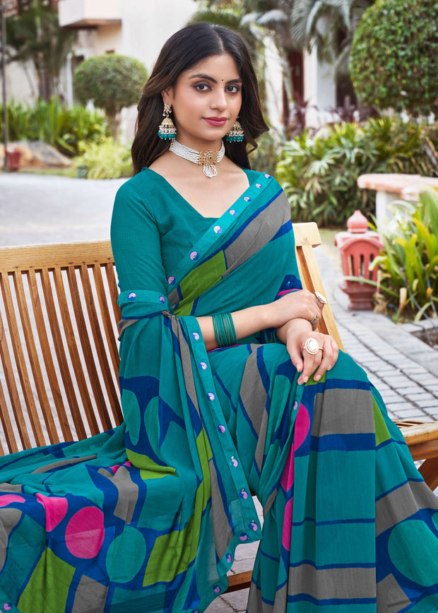 Laxmipati Noor-2 Geometric Printed Georgette Saree in Teal Blue Color with Unstitched Blouse
