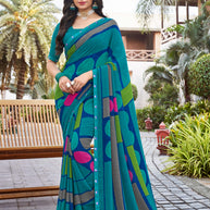 Laxmipati Noor-2 Geometric Printed Georgette Saree in Teal Blue Color with Unstitched Blouse