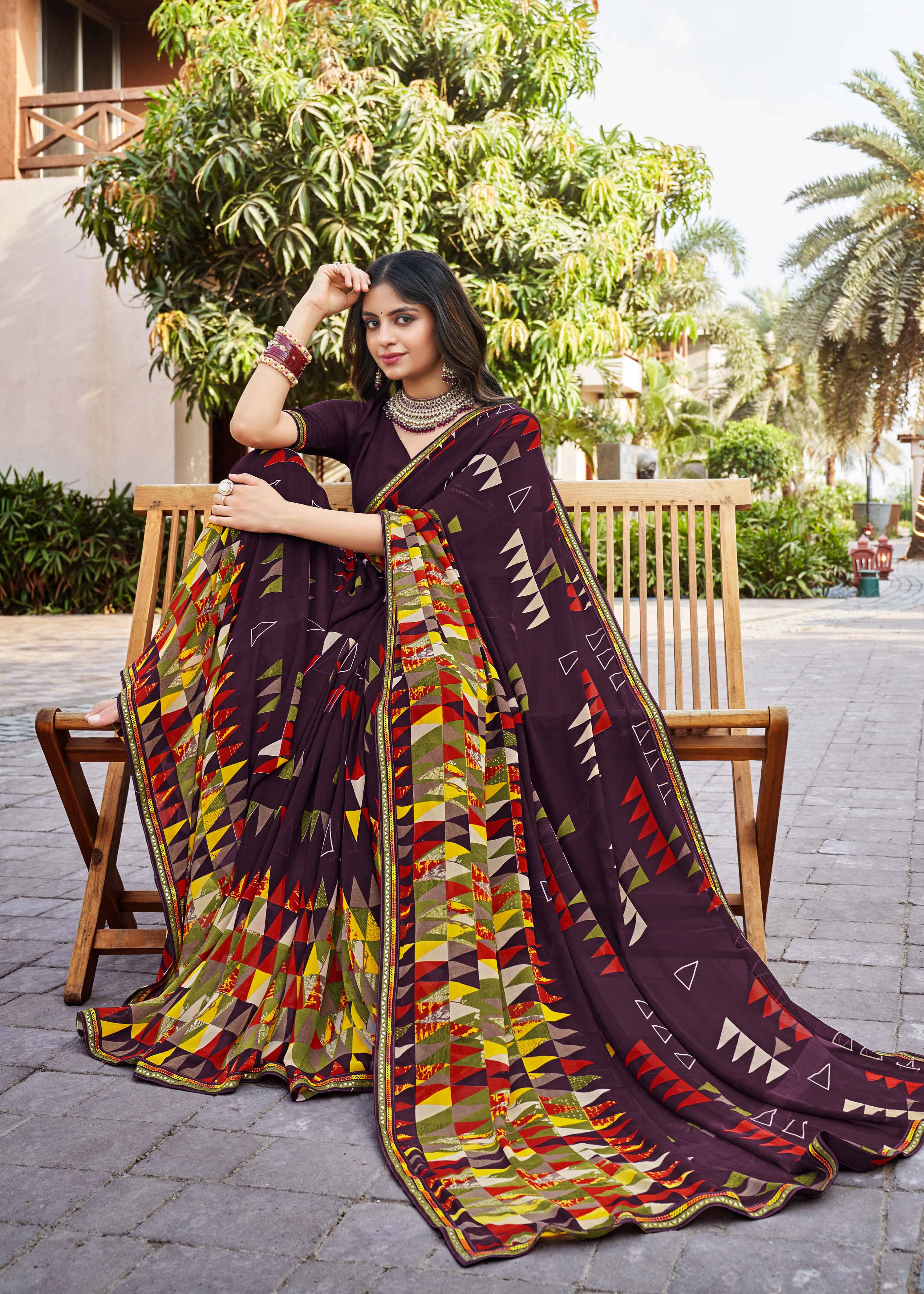 Laxmipati Noori-2 Geometric Printed Georgette Saree in Wine Color with Unstitched Blouse