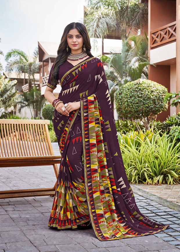 Laxmipati Noori-2 Geometric Printed Georgette Saree in Wine Color with Unstitched Blouse