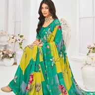 Laxmipati Dil Khushal Floral Printed Georgette Saree in Teal Color with Unstitched Blouse