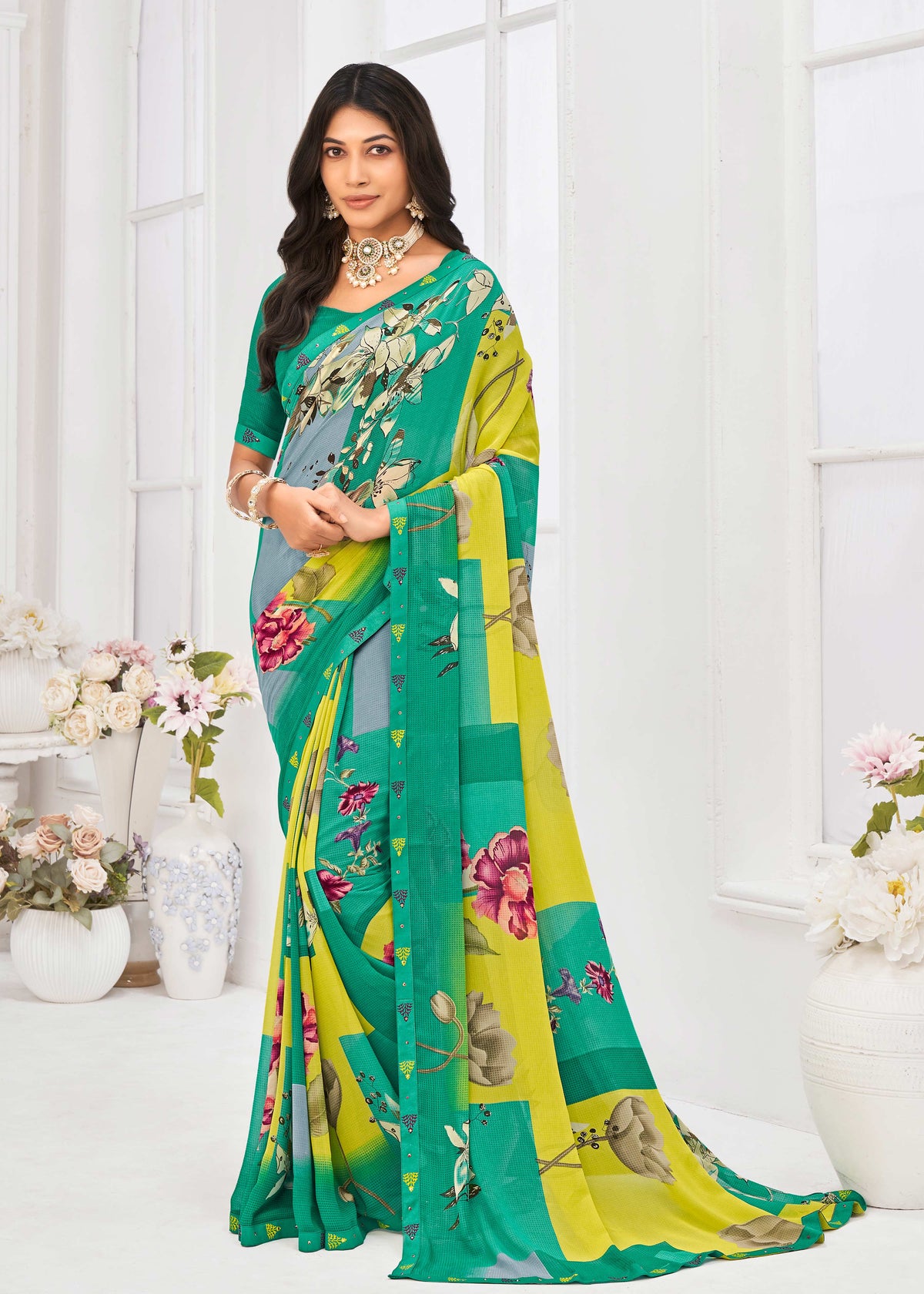 Laxmipati Dil Khushal Floral Printed Georgette Saree in Teal Color with Unstitched Blouse