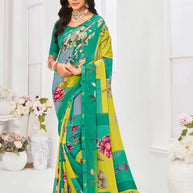 Laxmipati Dil Khushal Floral Printed Georgette Saree in Teal Color with Unstitched Blouse