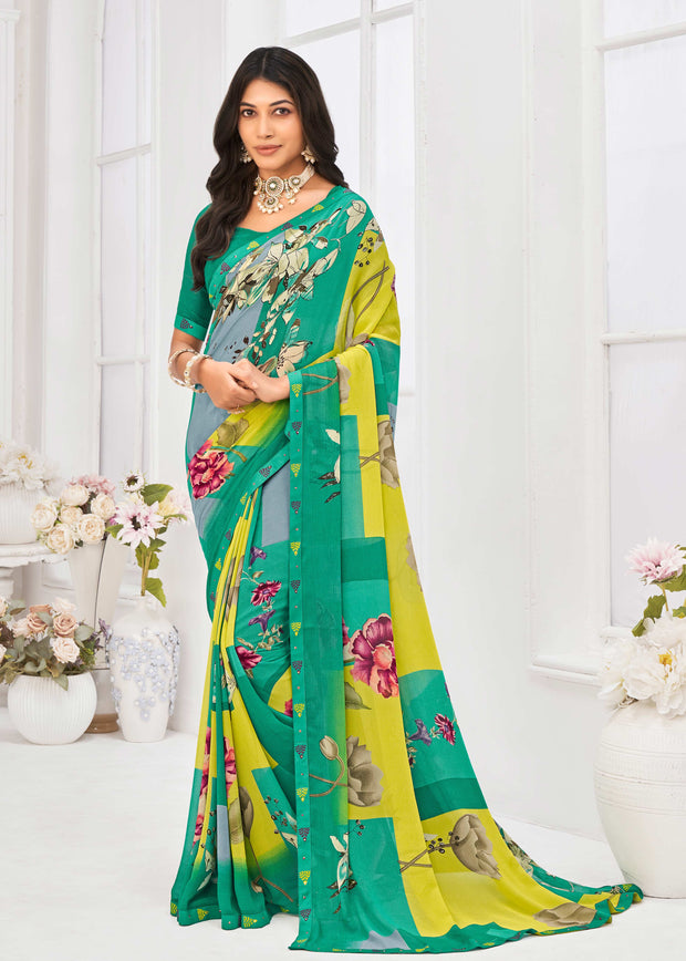 Laxmipati Dil Khushal Floral Printed Georgette Saree in Teal Color with Unstitched Blouse