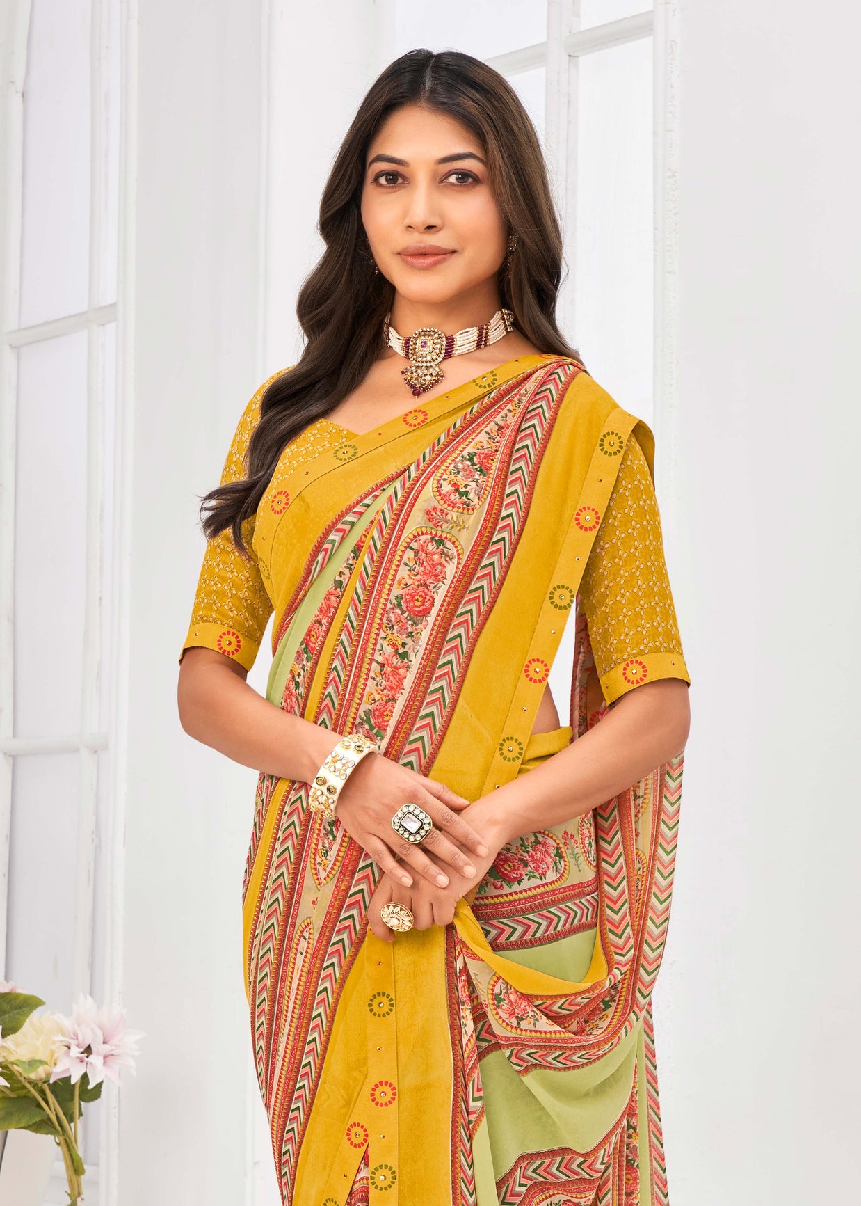 Laxmipati Dil Khushal Floral Printed Georgette Saree in Mustard Color with Unstitched Blouse
