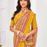 Laxmipati Dil Khushal Floral Printed Georgette Saree in Mustard Color with Unstitched Blouse