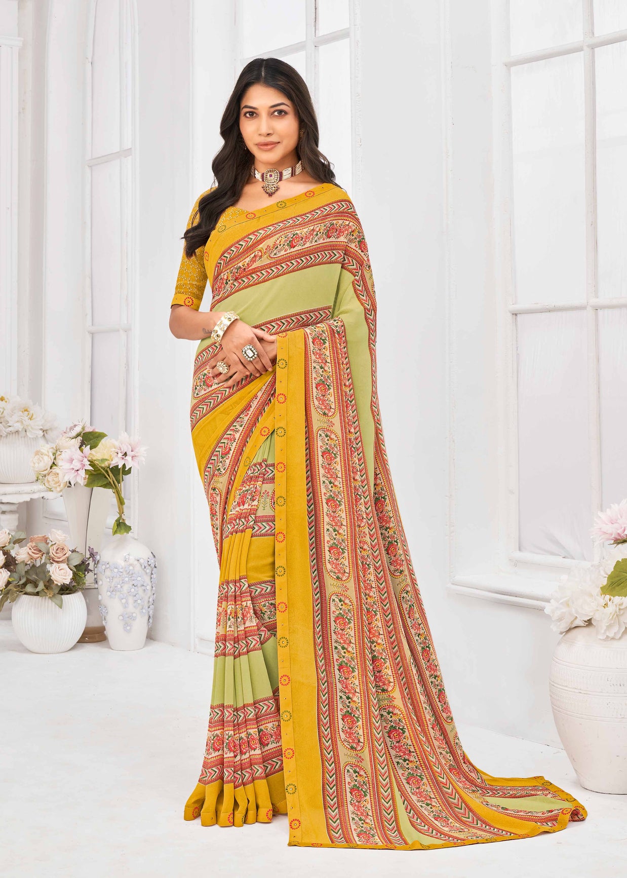 Laxmipati Dil Khushal Floral Printed Georgette Saree in Mustard Color with Unstitched Blouse