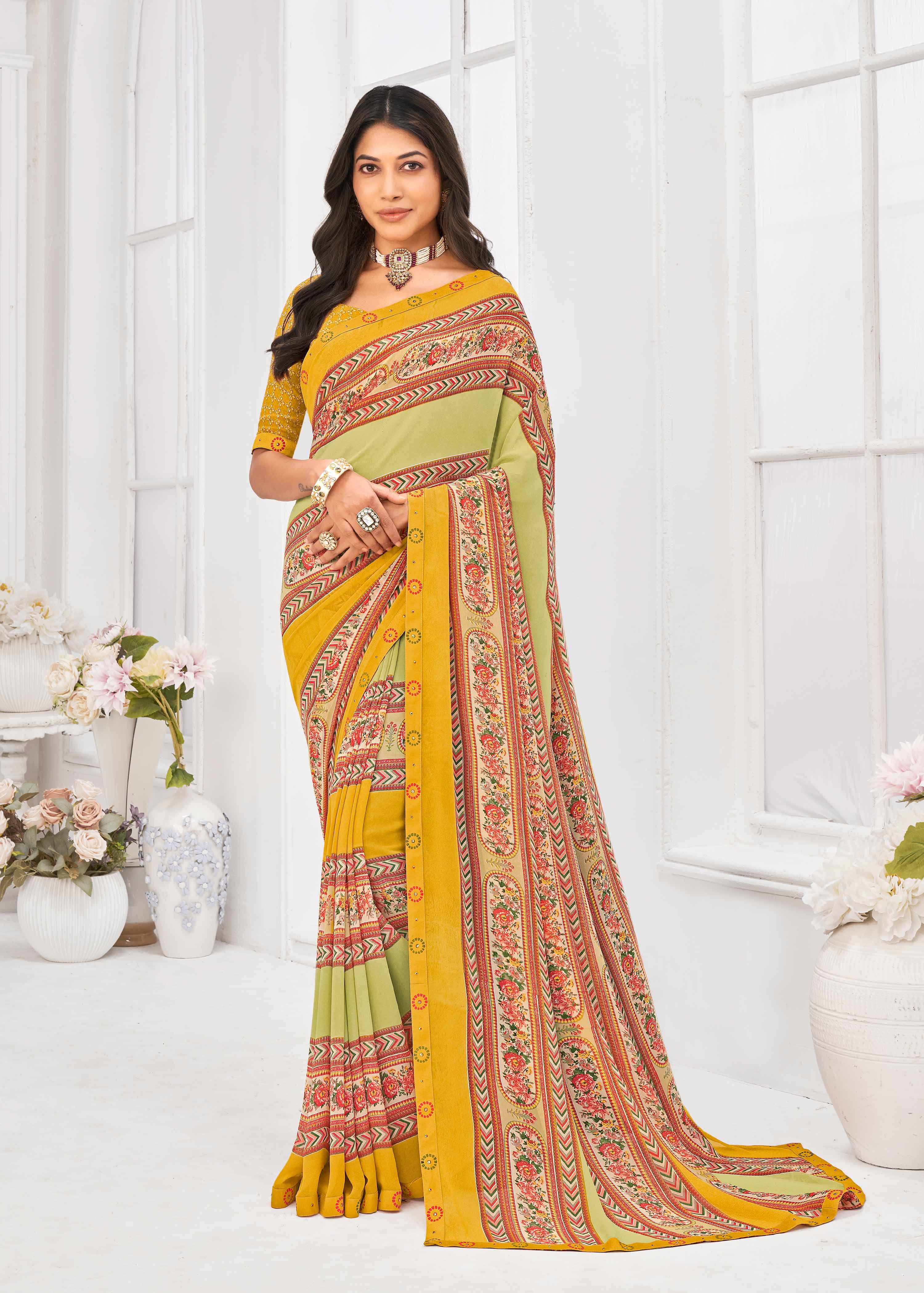 Laxmipati Dil Khushal Floral Printed Georgette Saree in Mustard Color with Unstitched Blouse