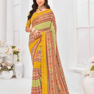 Laxmipati Dil Khushal Floral Printed Georgette Saree in Mustard Color with Unstitched Blouse