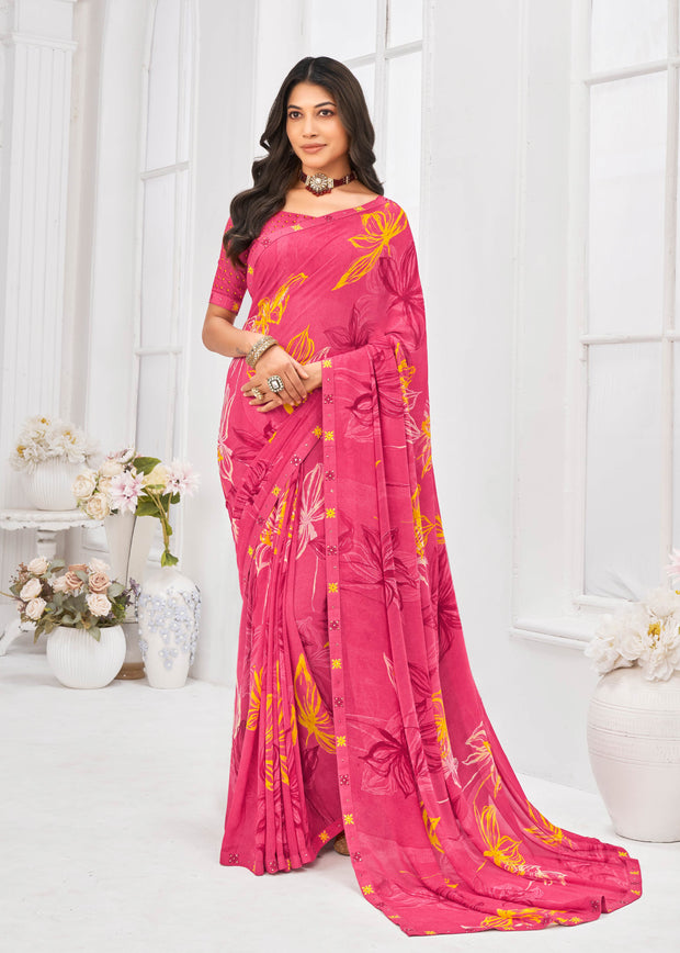 Laxmipati Dil Khushal Floral Printed Georgette Saree in Pink Color with Unstitched Blouse