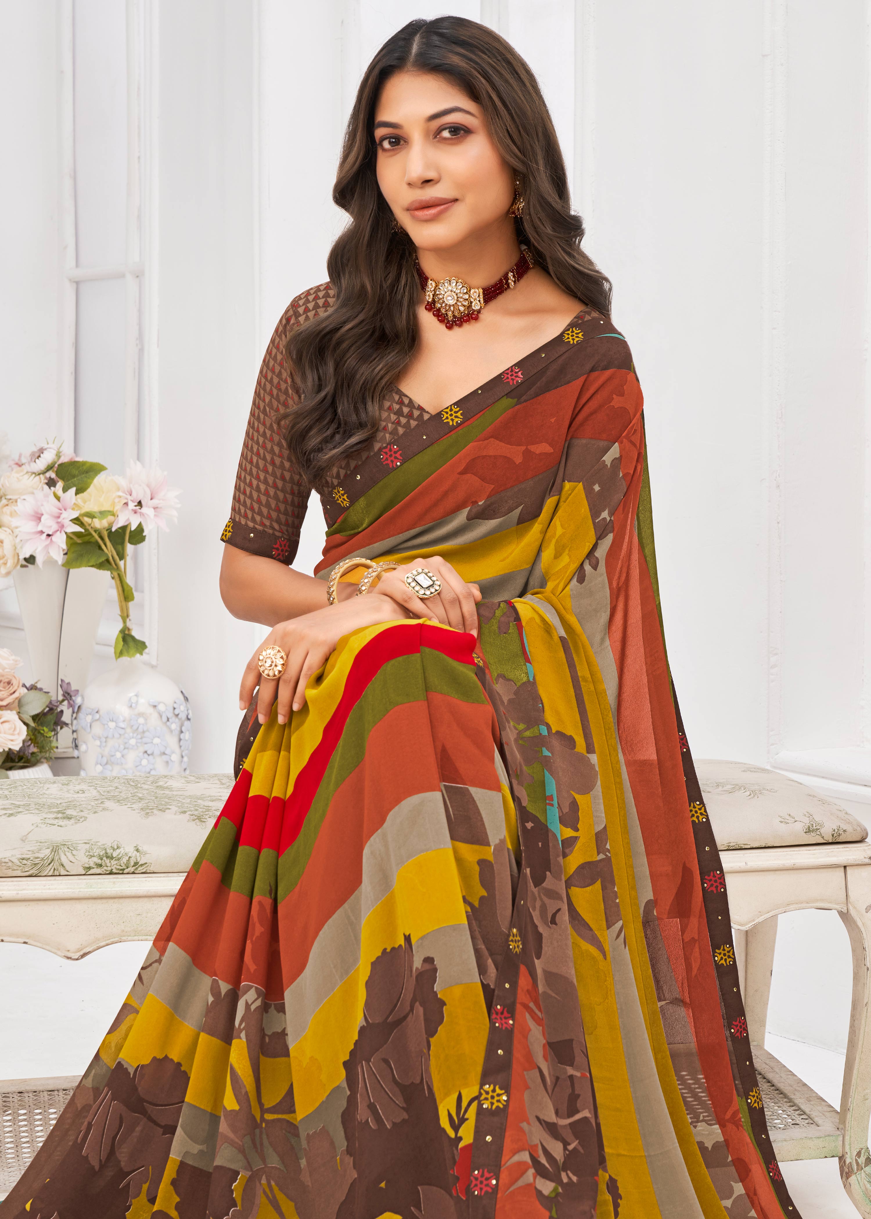 Laxmipati Dil Khushal Chevron Printed Georgette Saree in Multicolor with Unstitched Blouse