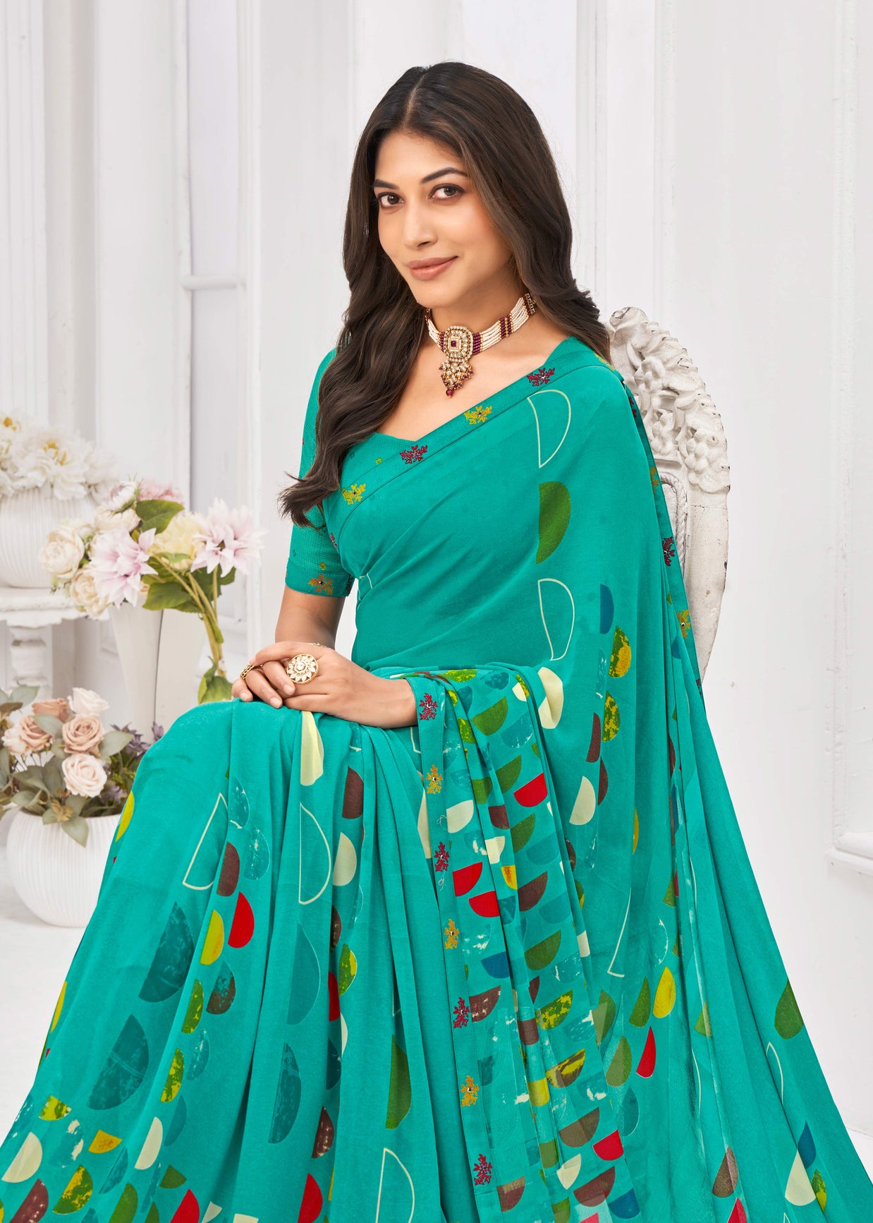 Laxmipati Dil Khushal Geometric Printed Georgette Saree in Turquoise Blue Color with Unstitched Blouse