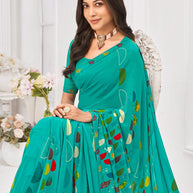 Laxmipati Dil Khushal Geometric Printed Georgette Saree in Turquoise Blue Color with Unstitched Blouse