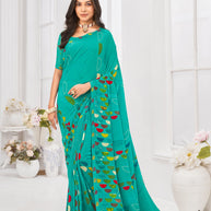 Laxmipati Dil Khushal Geometric Printed Georgette Saree in Turquoise Blue Color with Unstitched Blouse