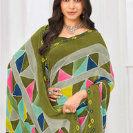 Laxmipati Dil Khushal Geometric Printed Georgette Saree in Olive Green Color with Unstitched Blouse