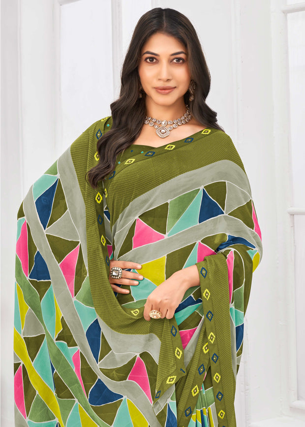 Laxmipati Dil Khushal Geometric Printed Georgette Saree in Olive Green Color with Unstitched Blouse