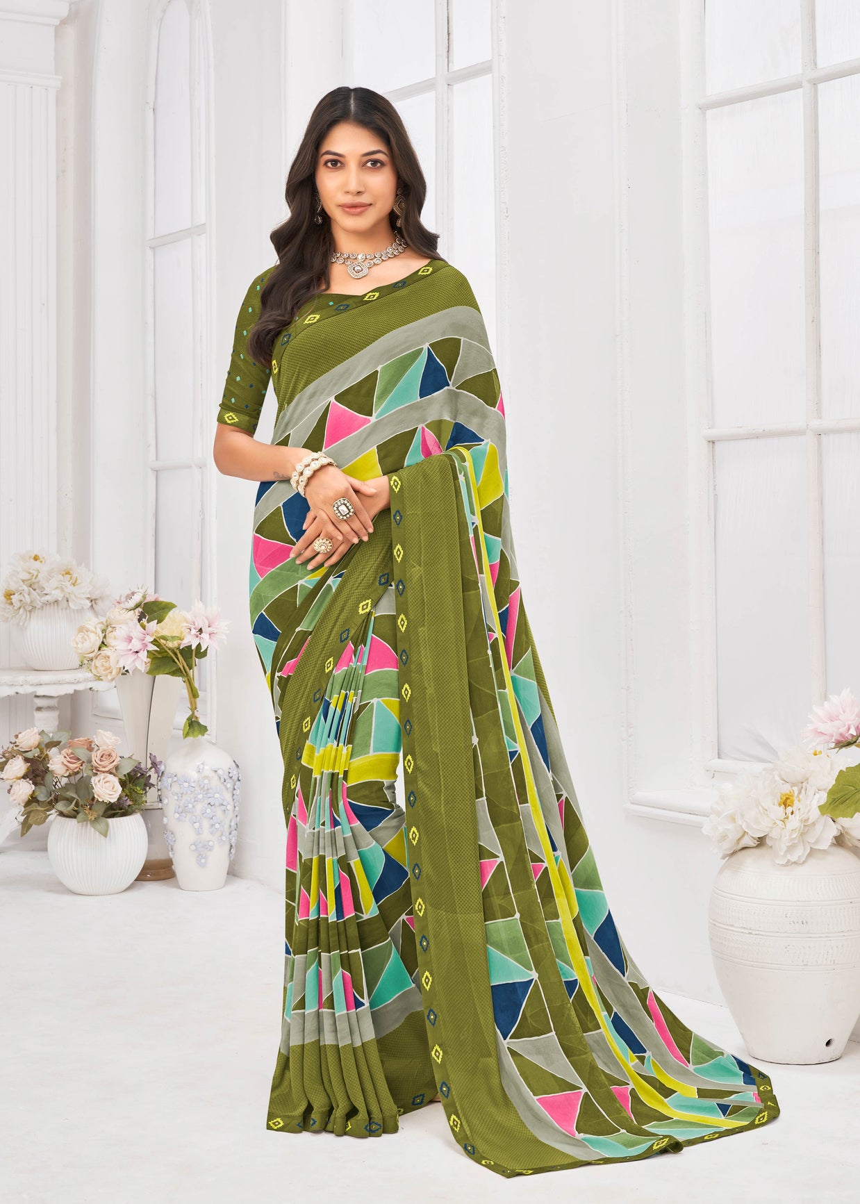 Laxmipati Dil Khushal Geometric Printed Georgette Saree in Olive Green Color with Unstitched Blouse